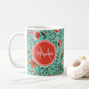 Caneca De Café Padrão Floral no Teal e no Monograma Laranja e Ver