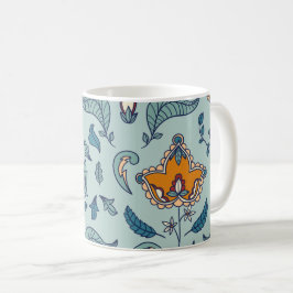 Caneca De Café Padrão floral ornamentado em um fundo azul pálido