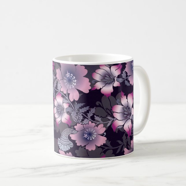 Caneca De Café Padrão Floral Planta Botânica Preta de Fundo (Frente Esquerda)