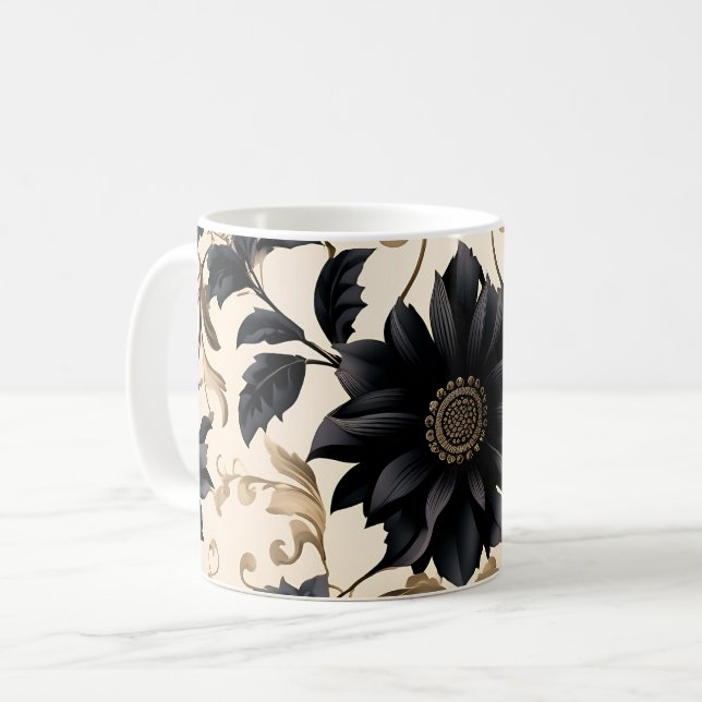 Caneca De Café Padrão Floral Preto Elegante (Frente Esquerda)