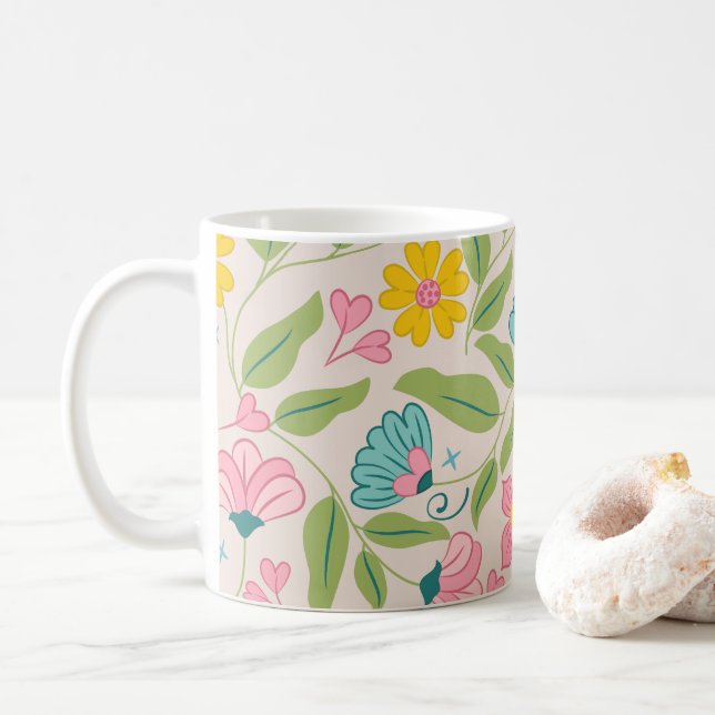 Caneca De Café Padrão Floral primavera a rosa (Com Donut)