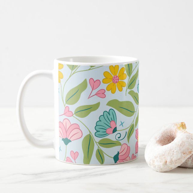 Caneca De Café Padrão Floral primavera no Azul Claro (Com Donut)