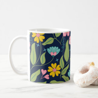 Caneca De Café Padrão Floral primavera no Azul Escuro