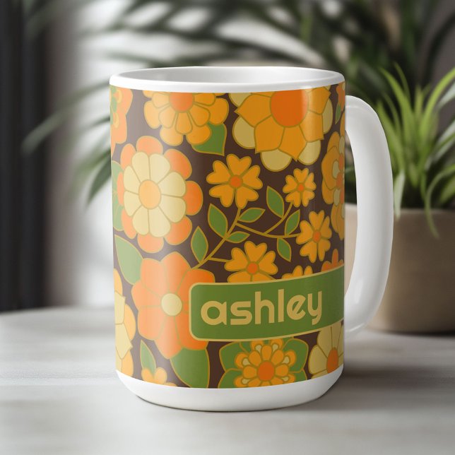 Caneca De Café Padrão Floral Retroativo Trendy com bloco de nome (Custom Mug - Personalize with Your Name or Initials)