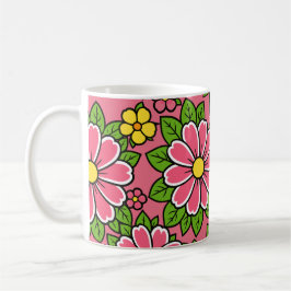 Caneca De Café Padrão Floral Rosa e Amarelo com Folhas Verdes