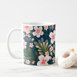 Caneca De Café Padrão Floral Rosa e Branco Elegante
