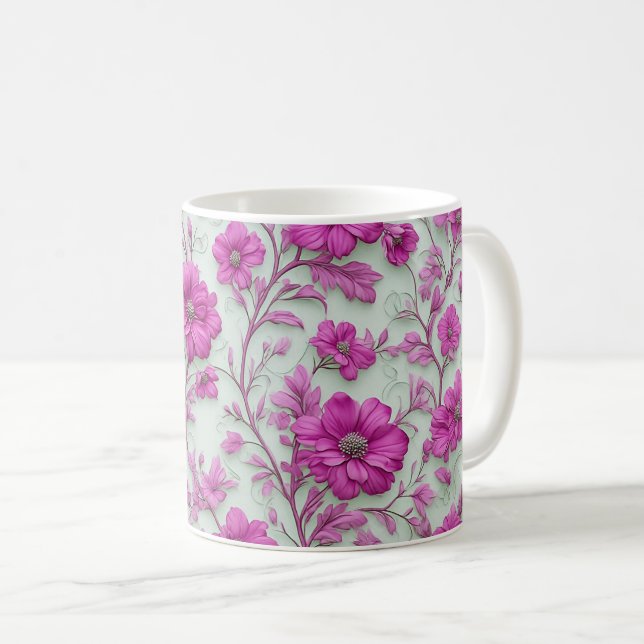 Caneca De Café Padrão Floral Rosa Vibrante Com Flores Magenta (Frente Esquerda)