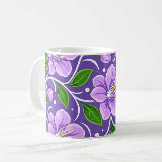 Caneca De Café Padrão Floral Roxo Claro com Folhas Verdes
