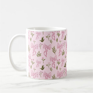 Caneca De Café Padrão Floral Sem Costura Fita Rosa Fofa