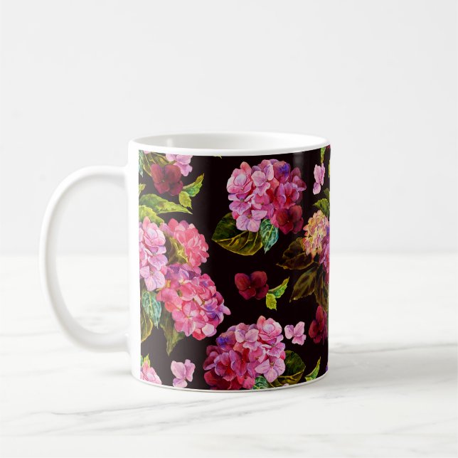 Caneca De Café Padrão floral sem costura. Hydrangea num escuro  (Esquerda)