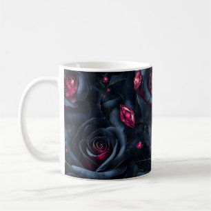 Caneca De Café Padrão Floral Sem Costura - Rosas Pretas e Rubi