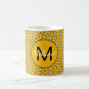Caneca De Café Padrão Floral Sobreposto Amarelo Brilhante