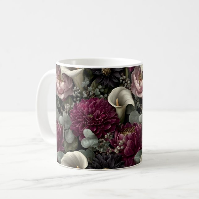Caneca De Café Padrão Floral Temperamental com Dahlias e Copos-de (Frente Esquerda)
