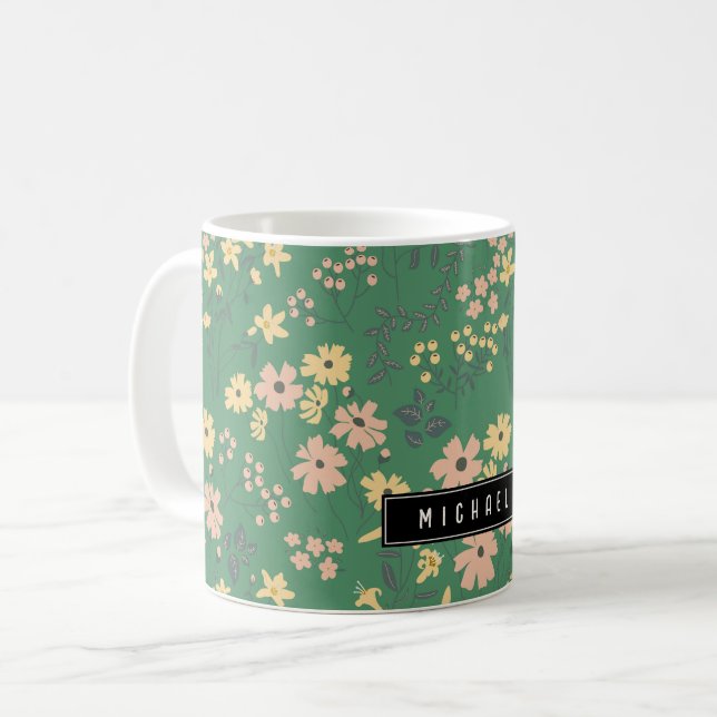 Caneca De Café Padrão Floral Verde Boho Moderno (Frente Esquerda)