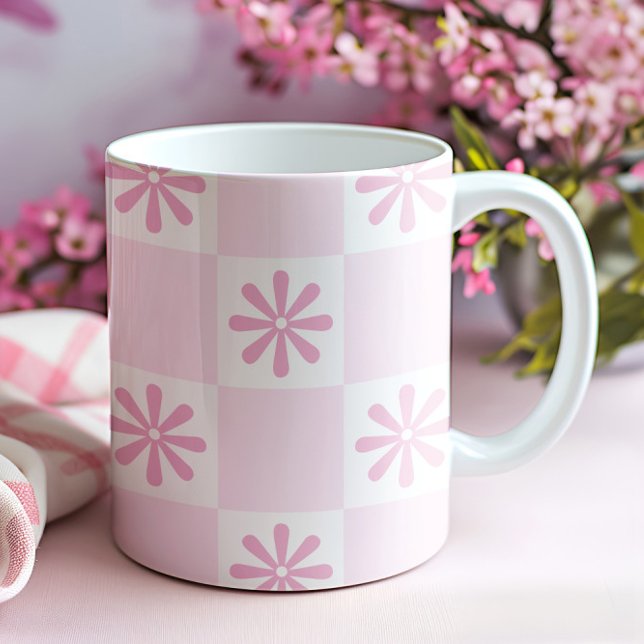 Caneca De Café Padrão Floral Verificado Pelo Verificador Rosa (Criador carregado)