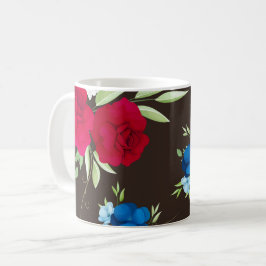 Caneca De Café Padrão Floral Vermelho Azul Elegante em Marrom Esc