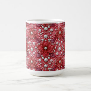 Caneca De Café Padrão Floral Vermelho Com Acentos de Pérola