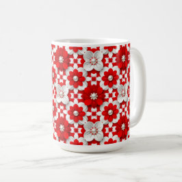 Caneca De Café Padrão Floral Vibrante em Vermelho e Branco com Pé