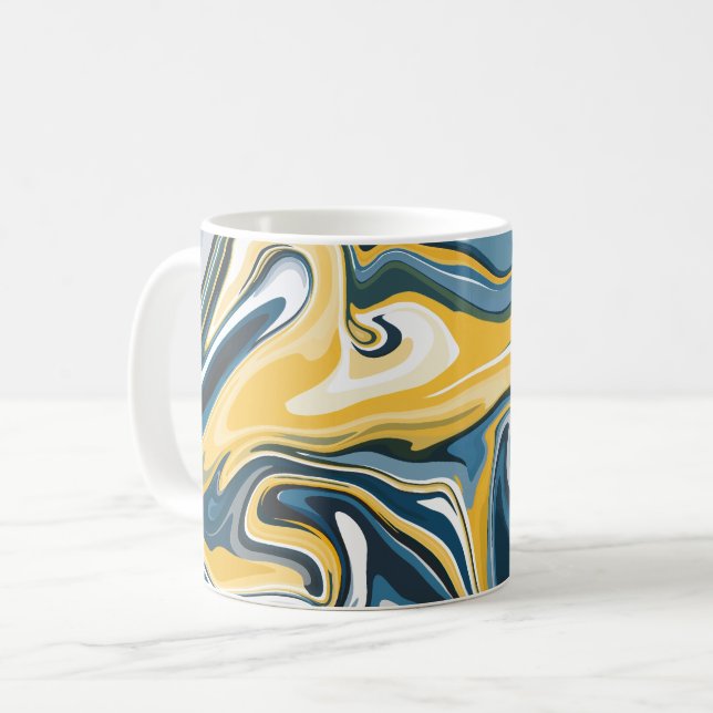 Caneca De Café Padrão Fluido Azul e Amarelo Abstrato (Frente Esquerda)