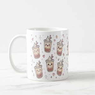 Caneca De Café Padrão Fofo de Chá Boba – Corações de Chá de Bolha