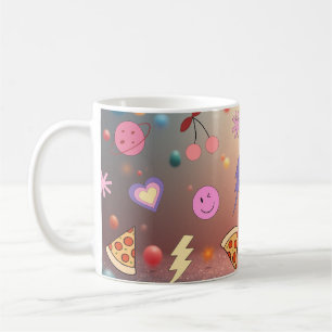 Caneca De Café Padrão Fofo de Pizza com Doodle Pastel Carinha Sor