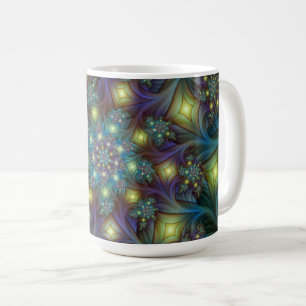 Caneca De Café Padrão Fratural azul-roxo iluminado