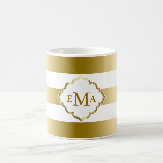 Caneca De Café Padrão Geométrico de Douradas Stripes Monogramas (Centro)
