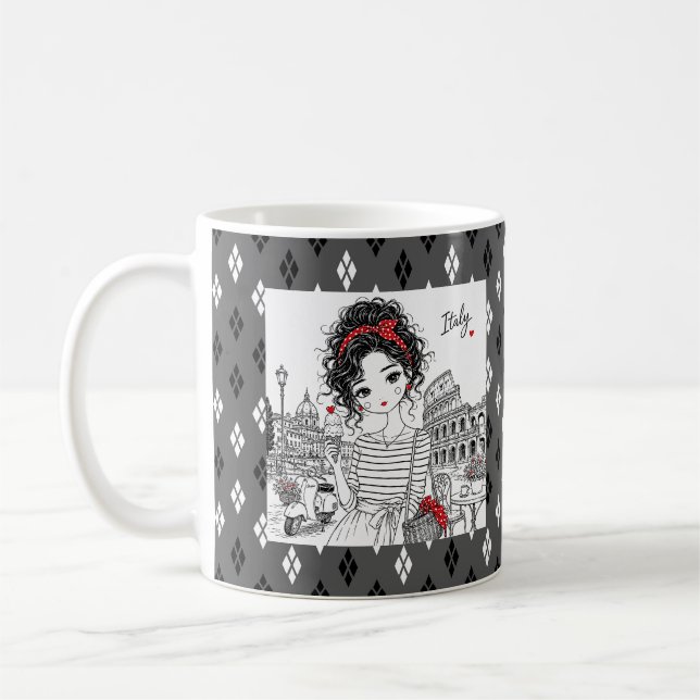 Caneca De Café padrão geométrico fino cinza preto e branco (Esquerda)