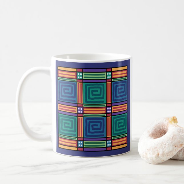 Caneca De Café Padrão Geométrico Vibrante (Com Donut)