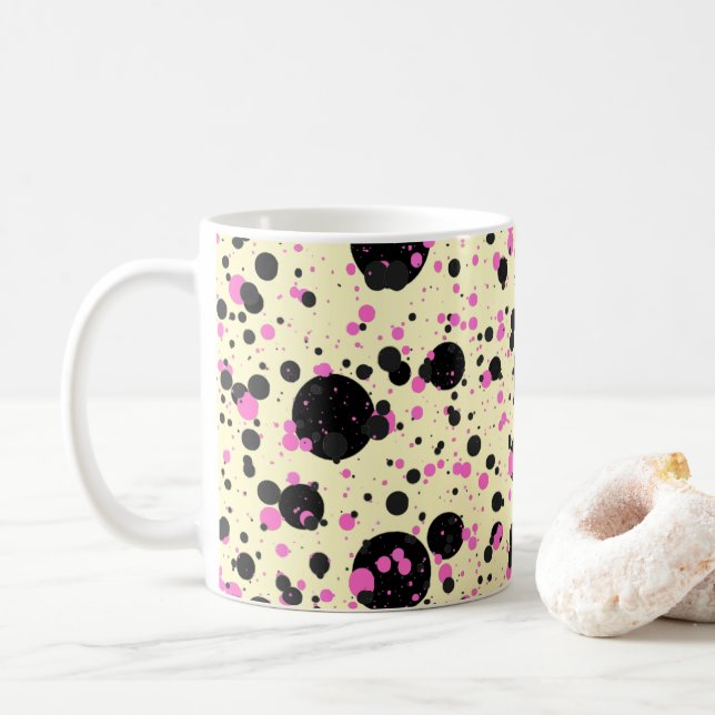 Caneca De Café Padrão Glam de Bolinhas Rosa e Preto (Com Donut)