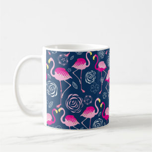 Caneca De Café Padrão gráfico de flamingos cor-de-rosa em azul
