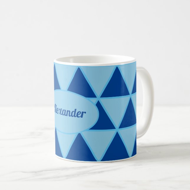 Caneca De Café Padrão gráfico geométrico azul moderno com nome (Frente Esquerda)