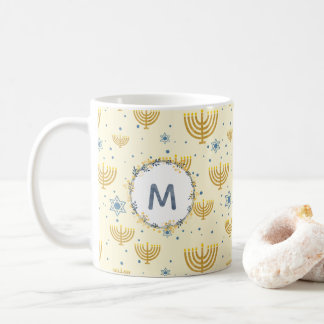 Caneca De Café Padrão Hanukkah + Monograma de Cor Azul Marinho