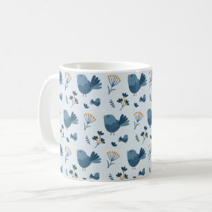 Caneca De Café Padrão Ilustrado de Passarinho Azul Fofo e Frutas