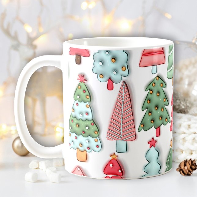 Caneca De Café Padrão Inflado de Árvore de Natal Pastel (Cute Pastel Christmas Tree Inflated Pattern Coffee Mug)