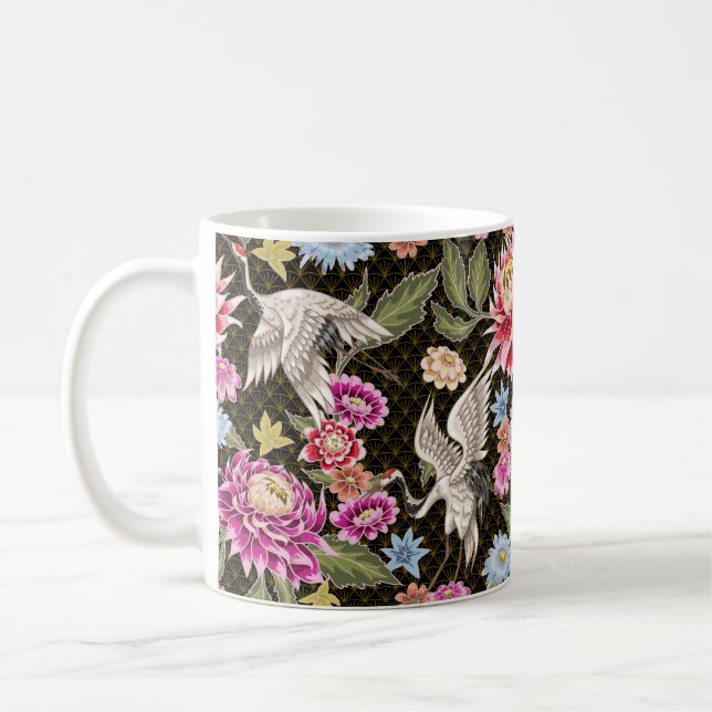 Caneca De Café Padrão japonês com flores e gruas brancas (Esquerda)