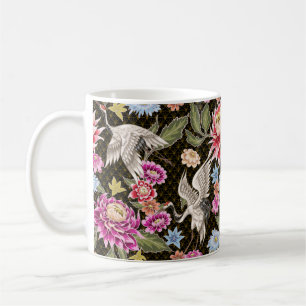 Caneca De Café Padrão japonês com flores e gruas brancas