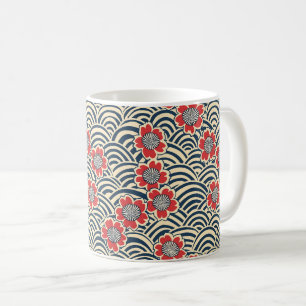 Caneca De Café Padrão Japonês Creme Onda Marinha Sakura Vermelha