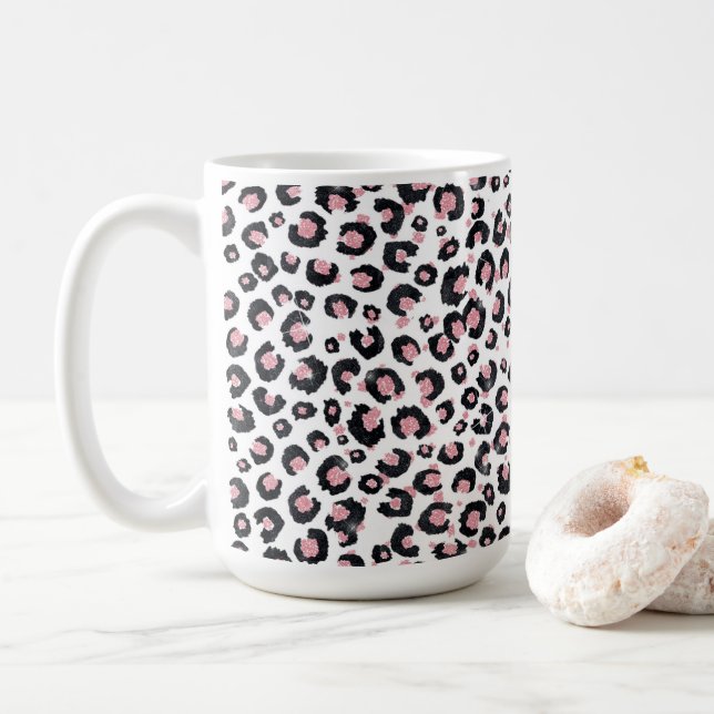 Caneca De Café Padrão-Leopardo Negro-Dourado Elegante Rosa (Com Donut)