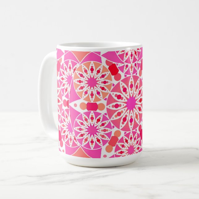 Caneca De Café padrão Mandala, tons de rosa e coral (Frente Esquerda)