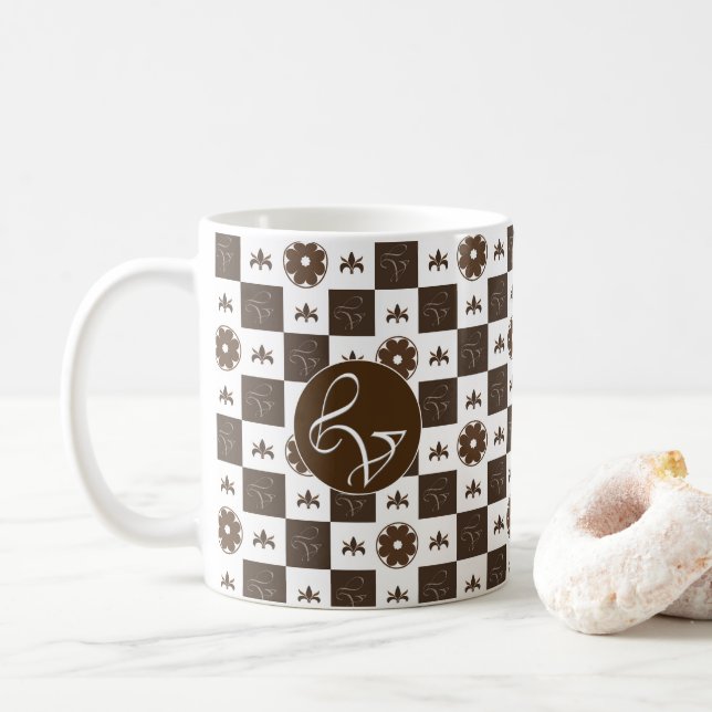 Caneca De Café Padrão Marcado Elegante Branco e Castanho (Com Donut)