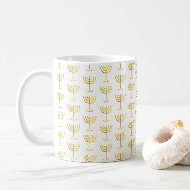 Caneca De Café Padrão Menorah do Ouro moderno (Com Donut)