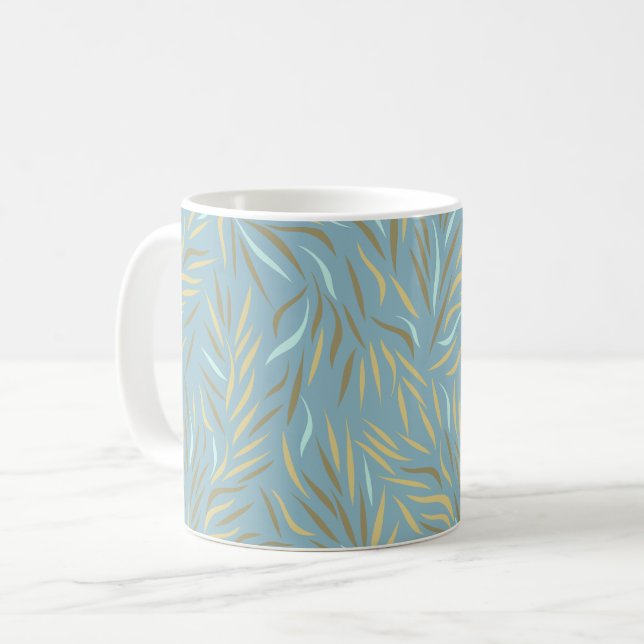 Caneca De Café Padrão Moderno Azul de Folhas Amarelas (Frente Esquerda)