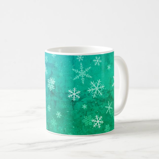 Caneca De Café Padrão Moderno de Floco de Neve Azul Verde Natal (Frente Esquerda)