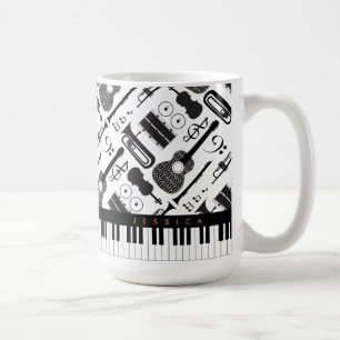 Caneca De Café Padrão Moderno de Instrumentos Musicais de Preto 