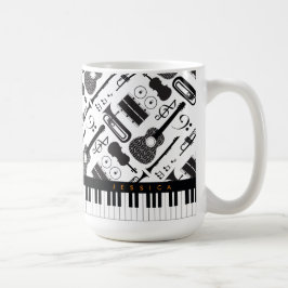 Caneca De Café Padrão moderno de instrumentos musicais em preto e