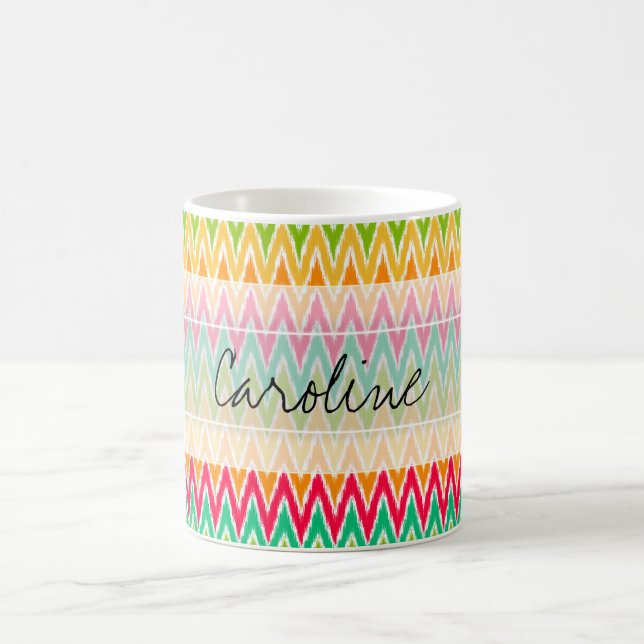 Caneca De Café Padrão Monograma Laranja Teal Ikat Chevron Zig Zag (Centro)