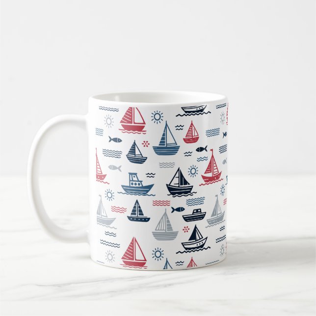 Caneca De Café Padrão náutico com embarcações de vela e peixes (Esquerda)