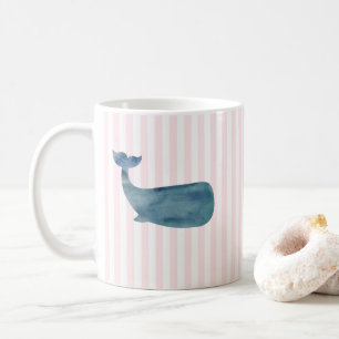 Caneca De Café Padrão Náutico de Stripe Rosa de Baleia