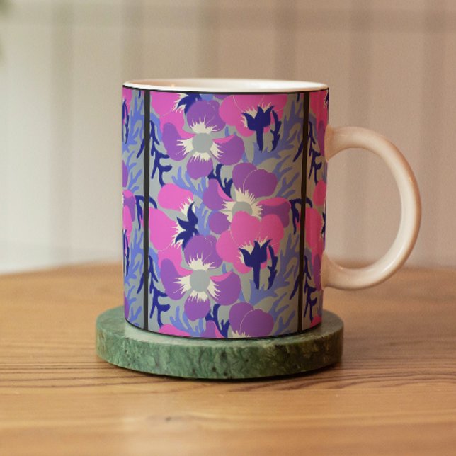 Caneca De Café Padrão Ousado de Windflower Rosa e Roxo Retro  (Criador carregado)